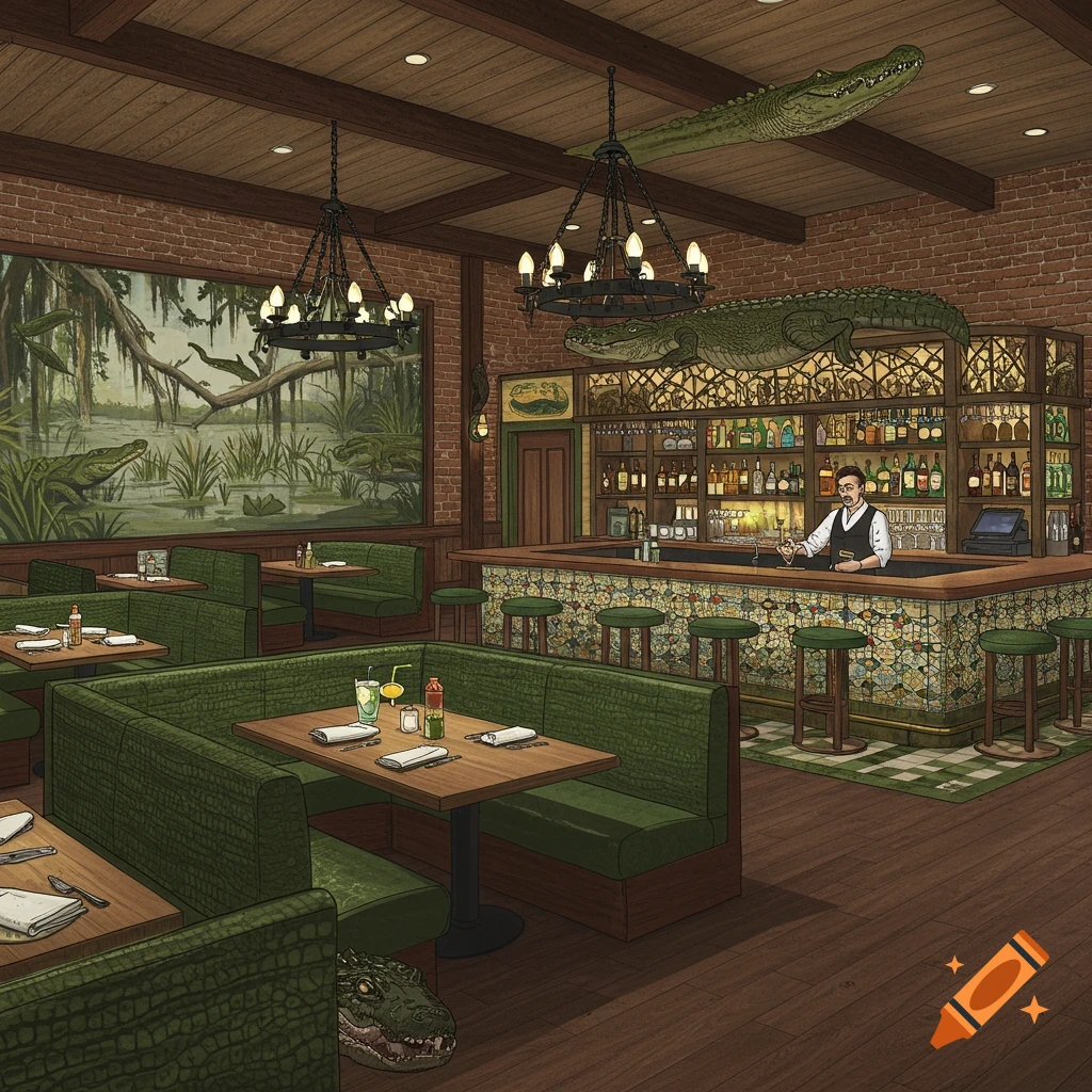 Illustration of an alligator-themed restaurant interior with a bar, booths, and alligators on the ceiling and shelves.