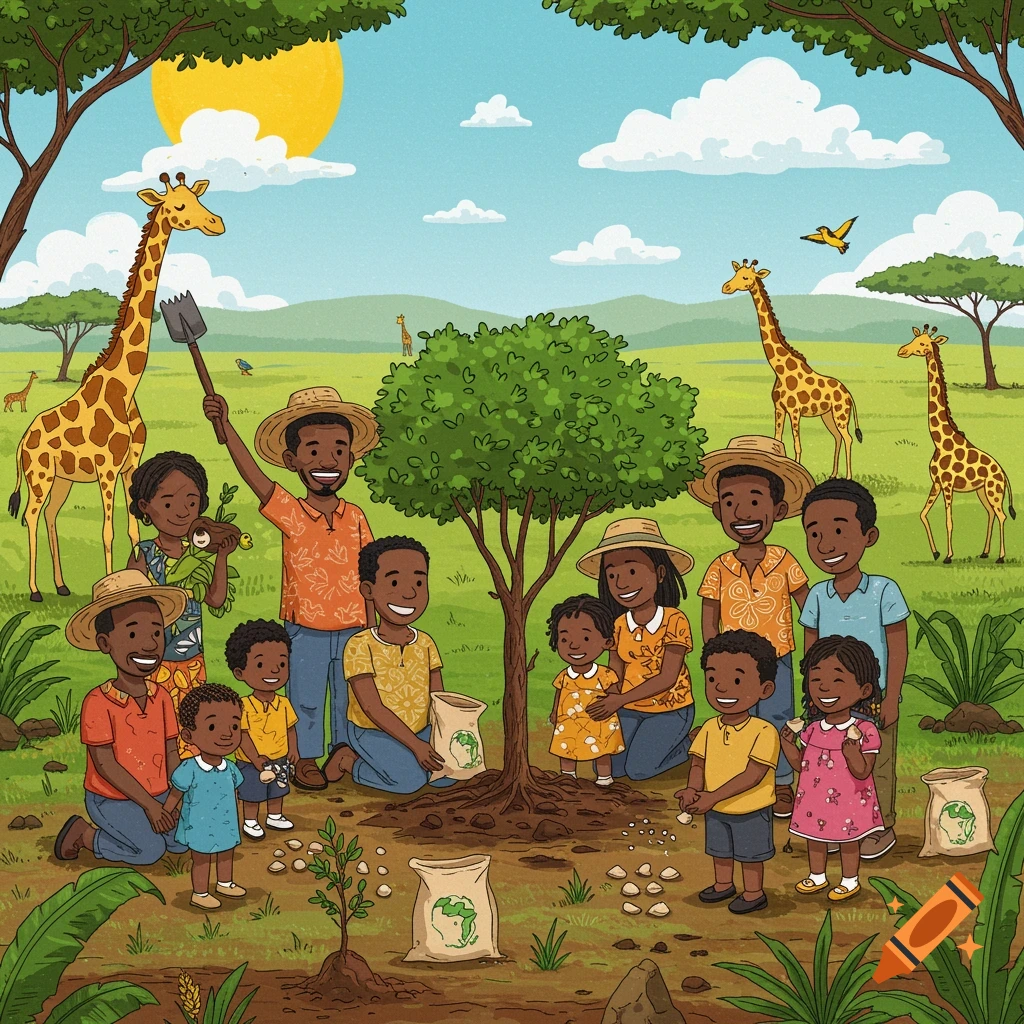 A diverse family plants a tree in an African savanna with giraffes in a vibrant cartoon style.