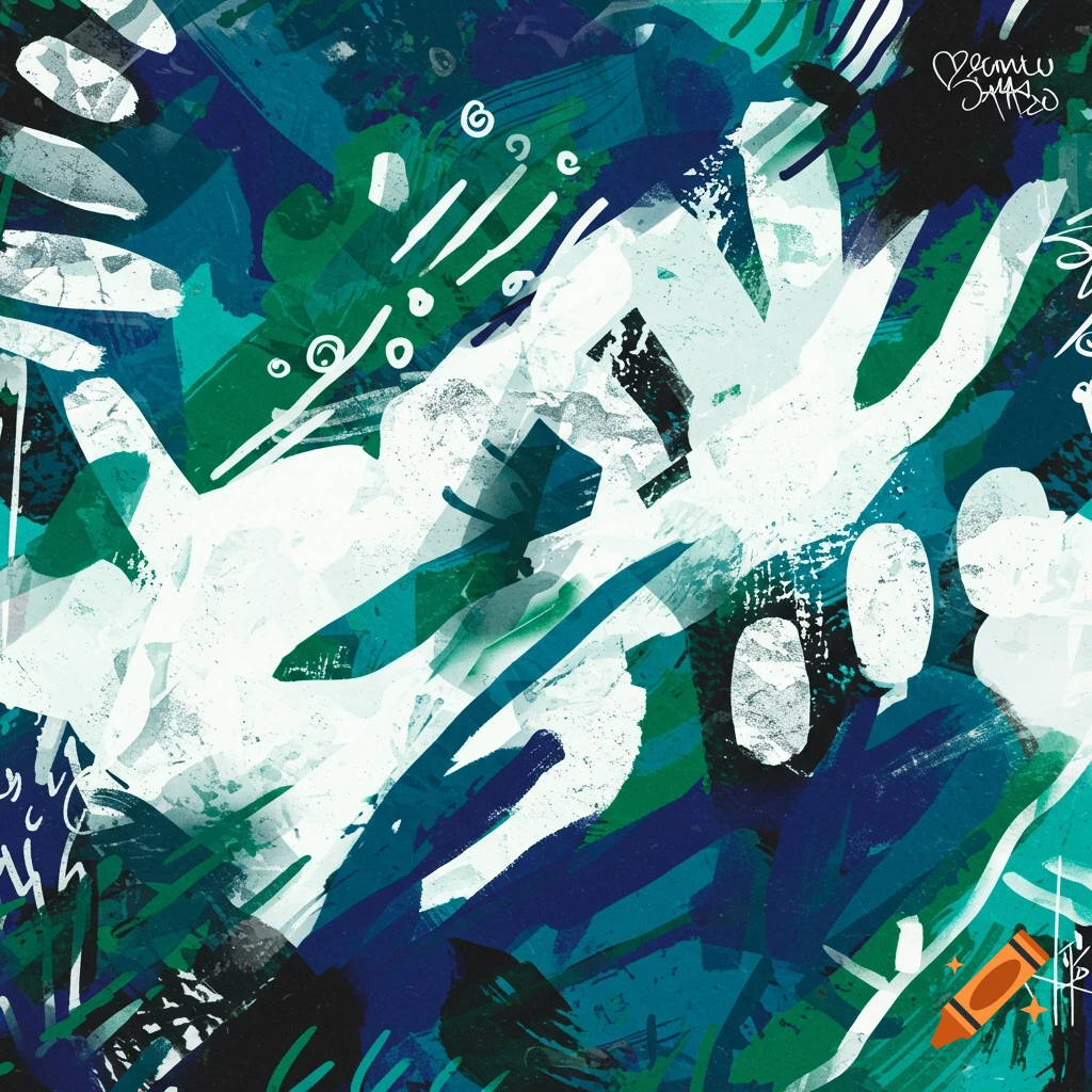 Abstract with bold strokes in white, black, green, and blue.