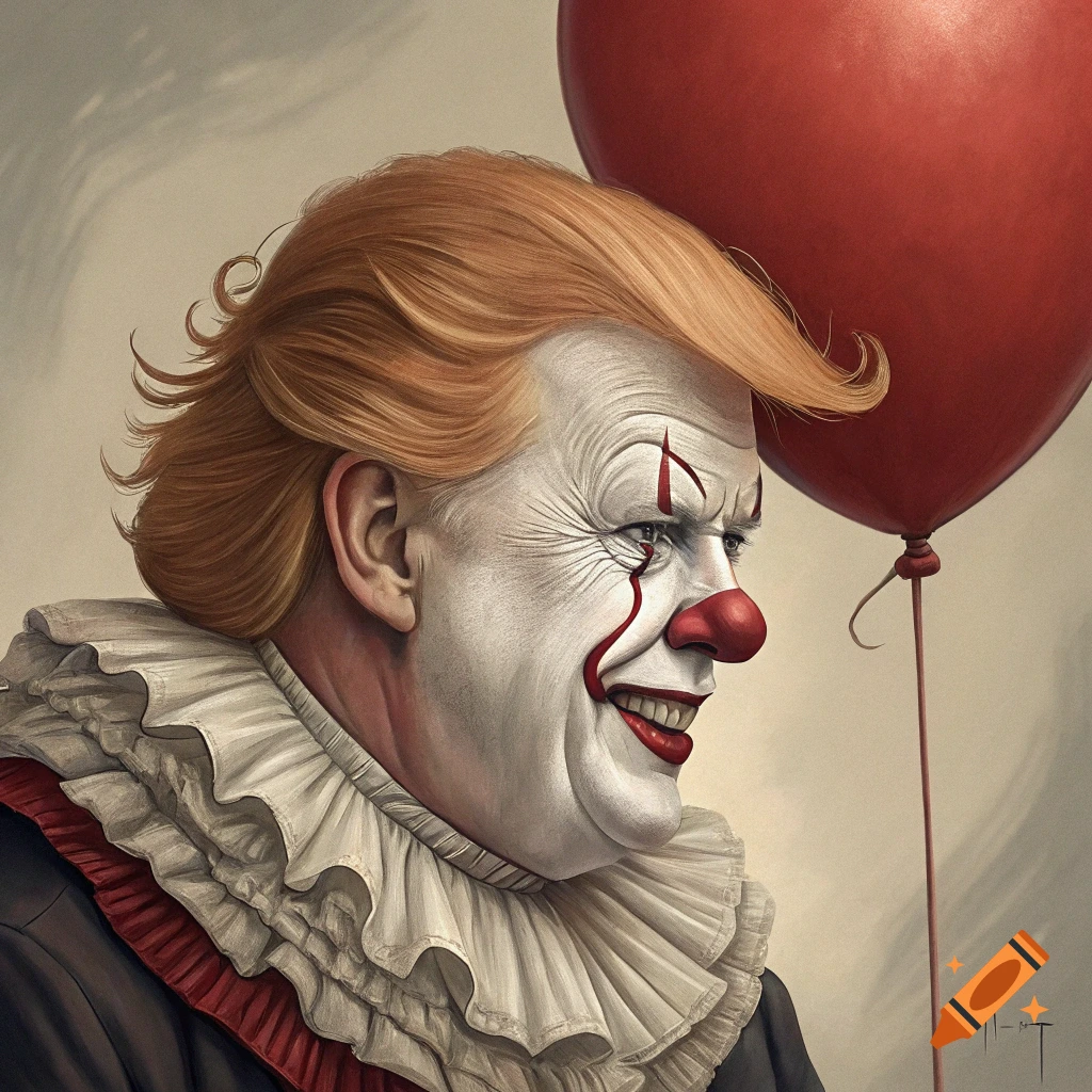 Portrait of a person resembling Donald Trump in Pennywise clown makeup holding a red balloon.
