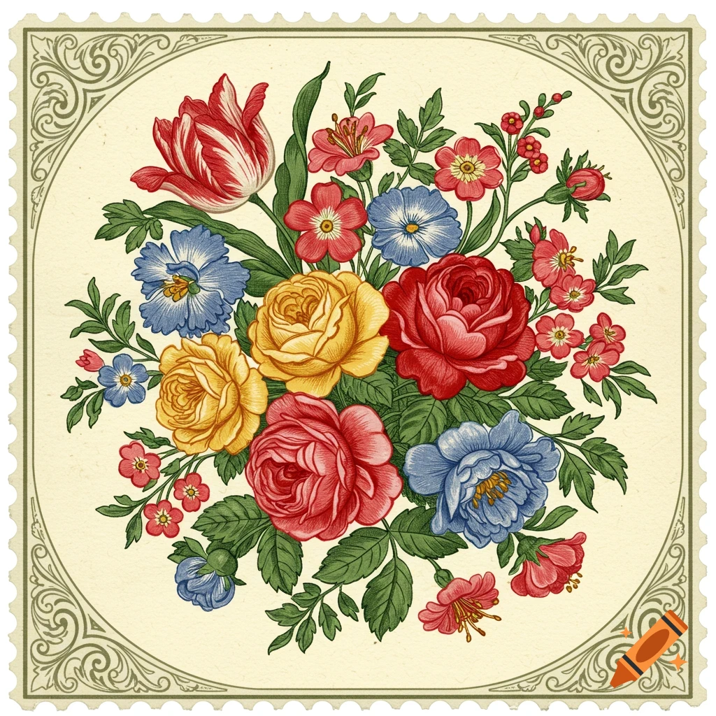 A floral illustration in the style of a postage stamp with a bouquet of red, yellow, and blue flowers.
