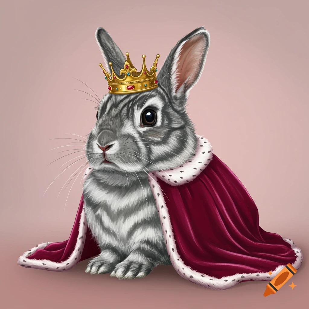 A gray striped rabbit wearing a gold crown and red royal cape