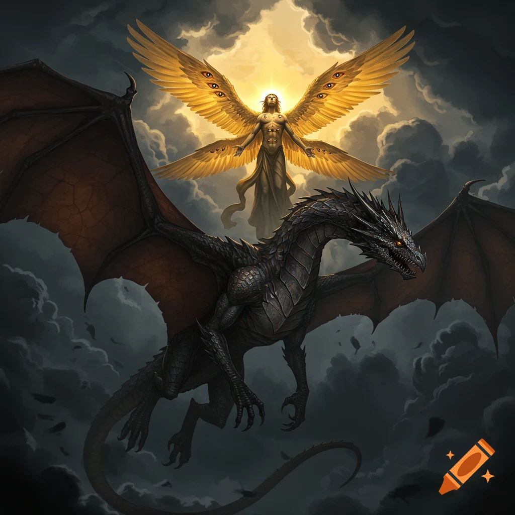 A black dragon flies below a golden, multi-winged figure with many eyes, in a cloudy sky.