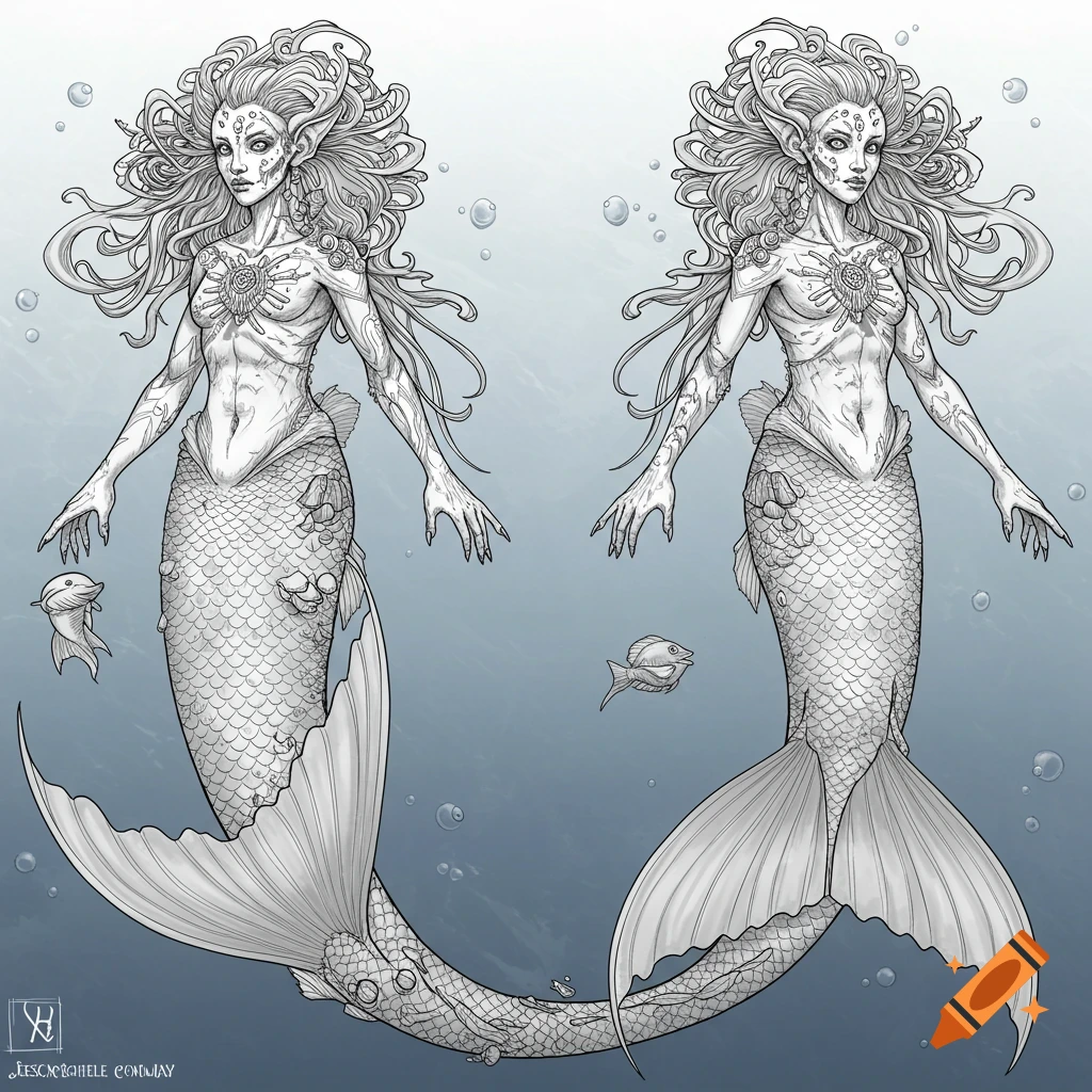 Detailed black and white line art drawing of two mermaids