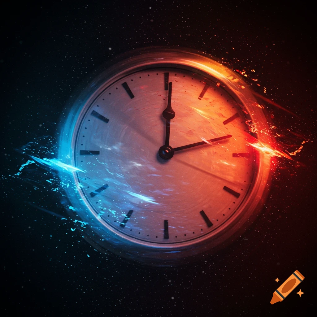 A spinning clock with swirling red and blue light effects against a starry background.