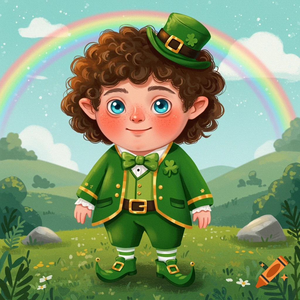 Cartoon leprechaun child in a green suit standing in a field with a rainbow.