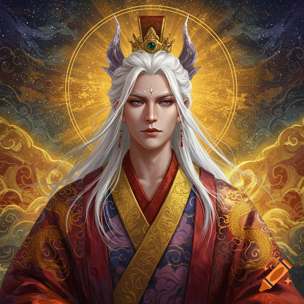 A male fantasy character with white hair, blue eyes, horns, ornate red and gold robes against a cosmic background.