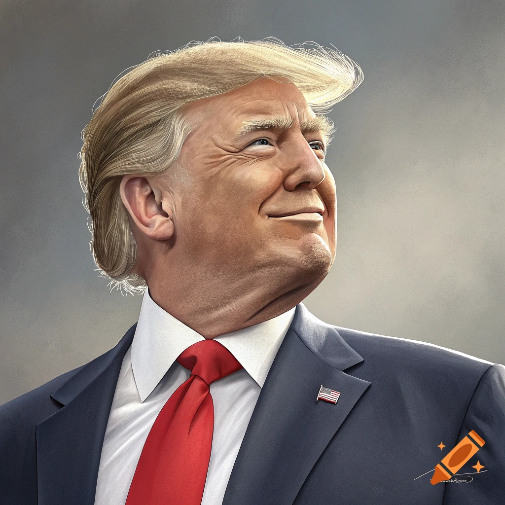 Illustration of Donald Trump in a suit and red tie, looking up and smiling