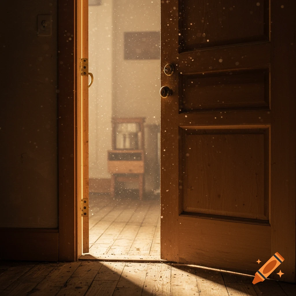 Sunlight streams through an open wooden door into a dusty room, illuminating floating dust motes.