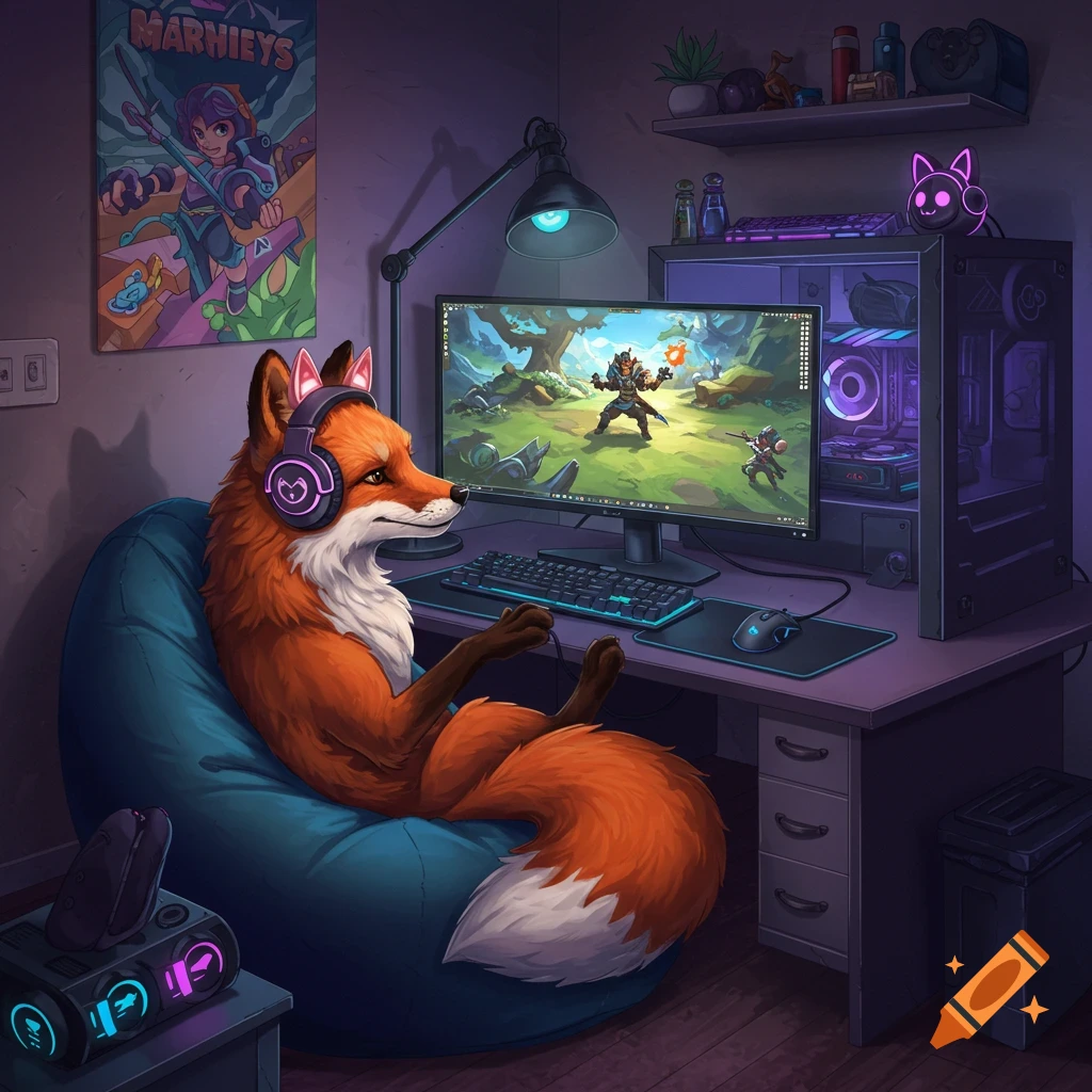 A fox wearing headphones and playing a video game on a desktop computer in a room.