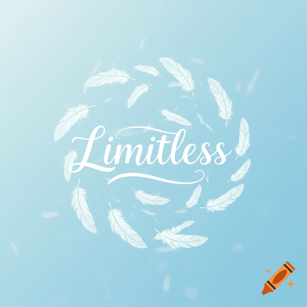 White cursive text 'Limitless' circled by feathers on a blue gradient background.