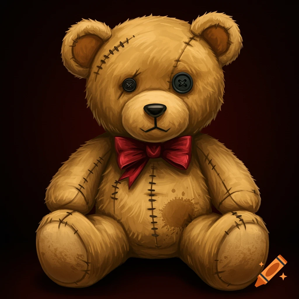 Vintage-style stitched teddy bear with button eyes, red bowtie, and coffee stain.