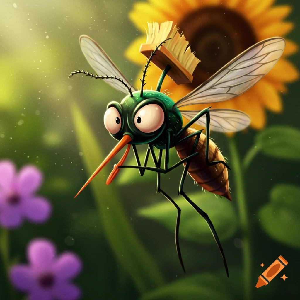 A cartoon mosquito with a brush on its head flies near flowers.
