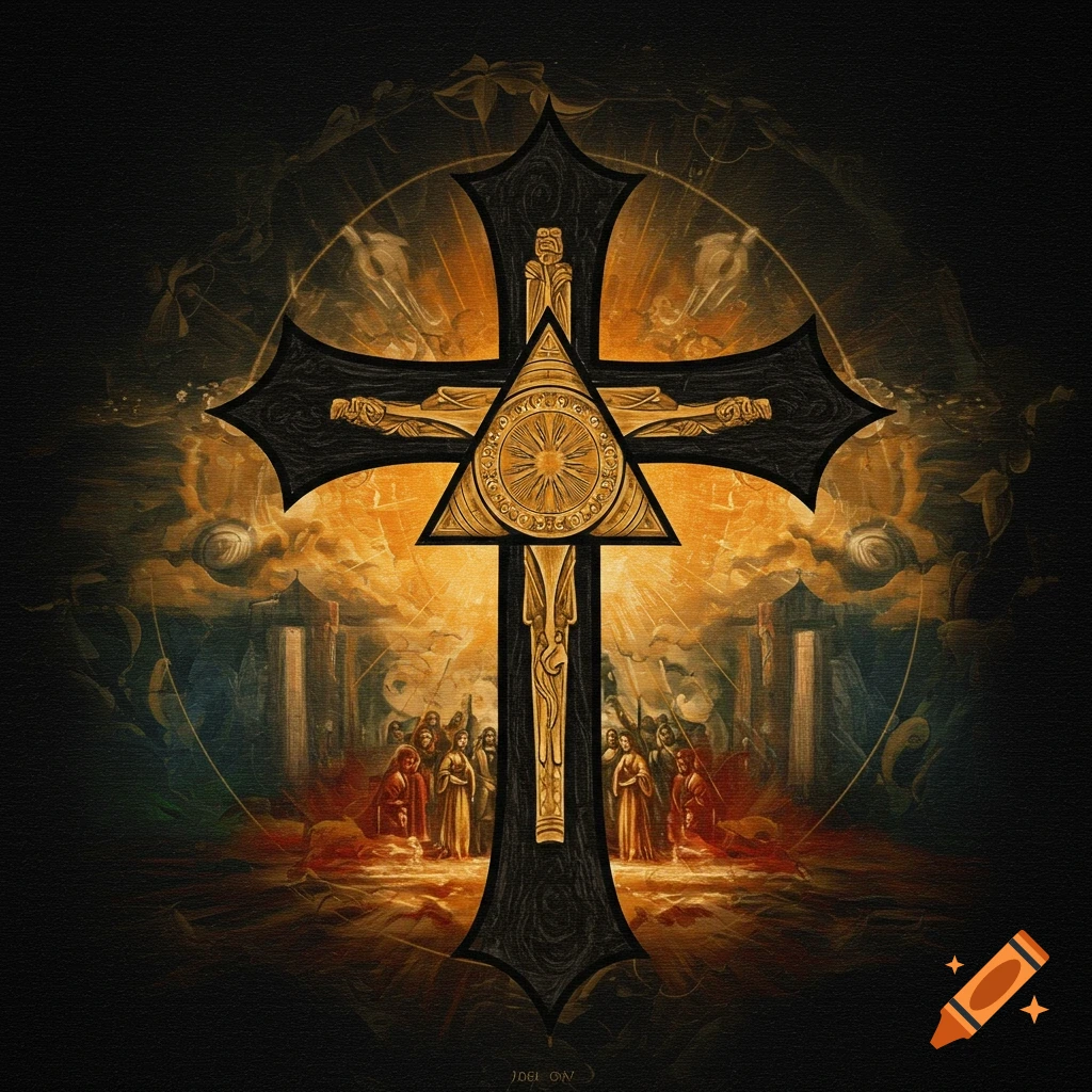 A dramatic image of a large black cross with a golden triangle in the center, set against a backdrop of clouds and figures.