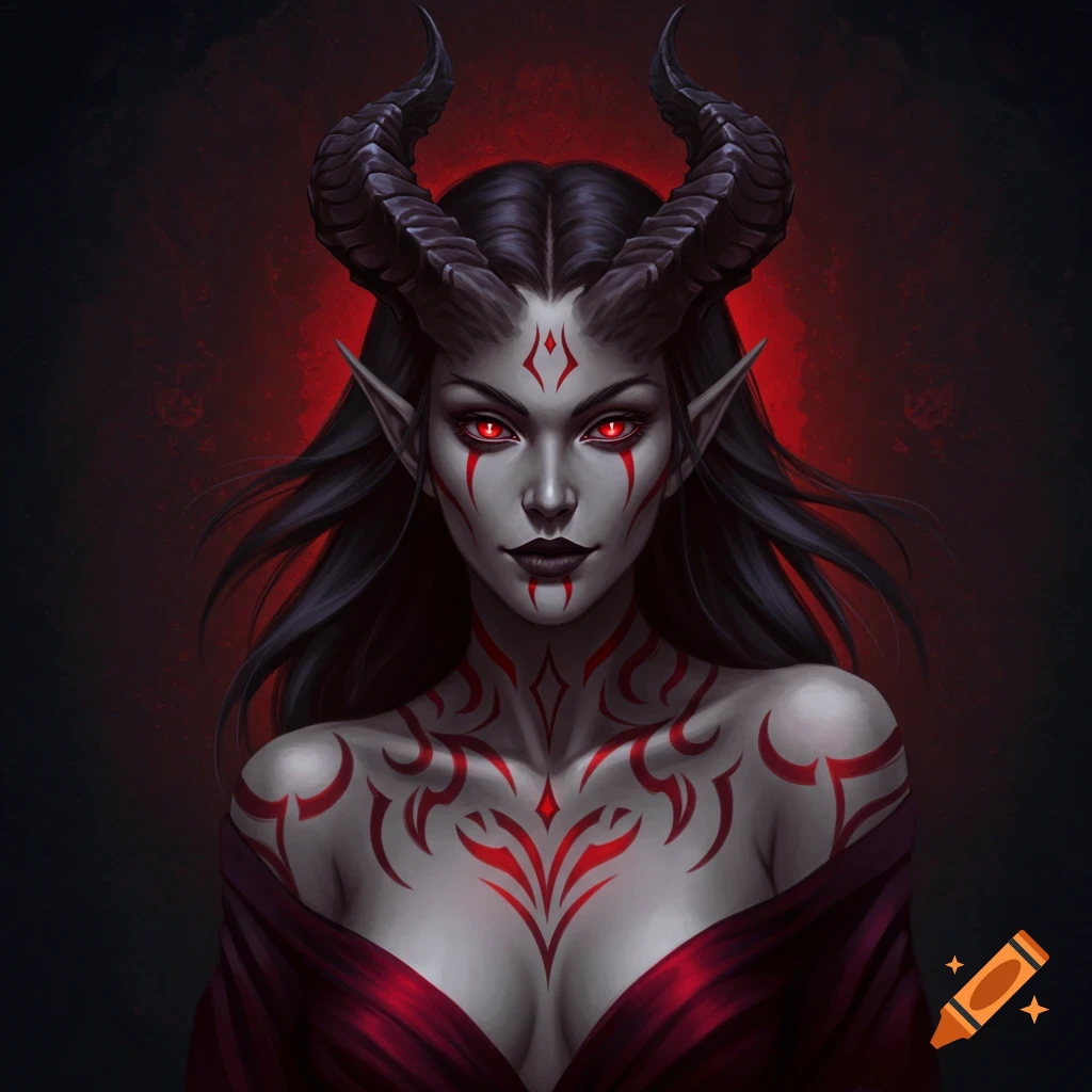 A demon woman with horns, pointed ears, red eyes, and red markings.