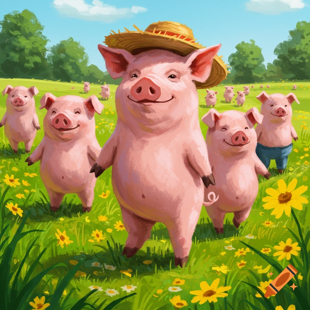 Several anthropomorphic pigs walk on two legs in a sunny, flower-filled field. One pig wears a straw hat.