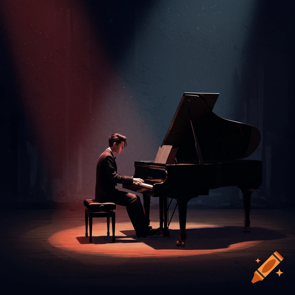 A person is playing a grand piano on a stage under a spotlight.