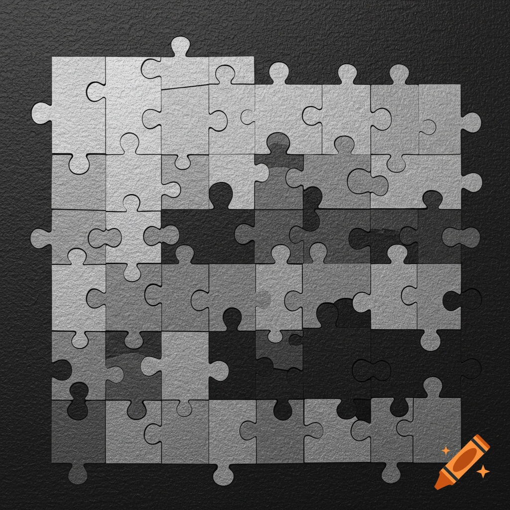 A grayscale image of interlocking puzzle pieces with some pieces missing, set against a dark background.