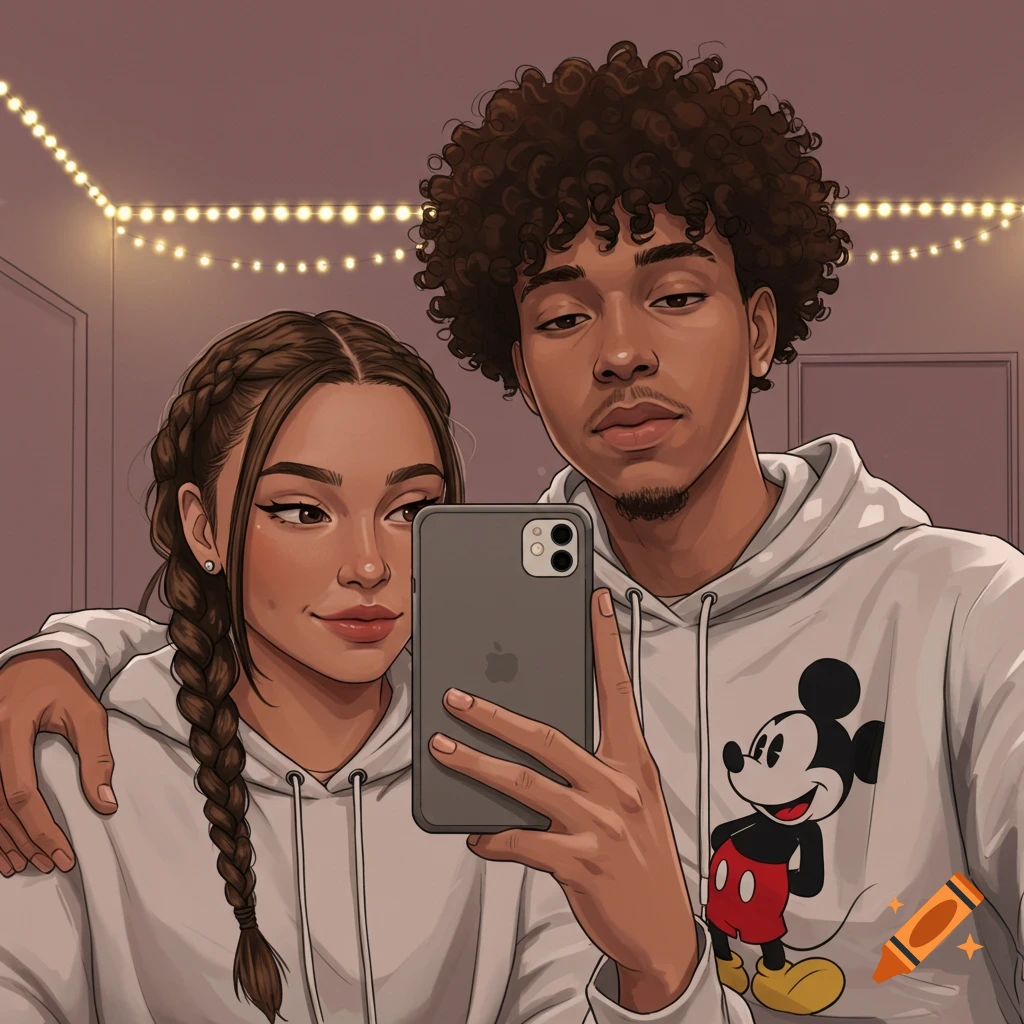 Illustration of a couple taking a selfie with a phone, wearing hoodies, with fairy lights in the background.