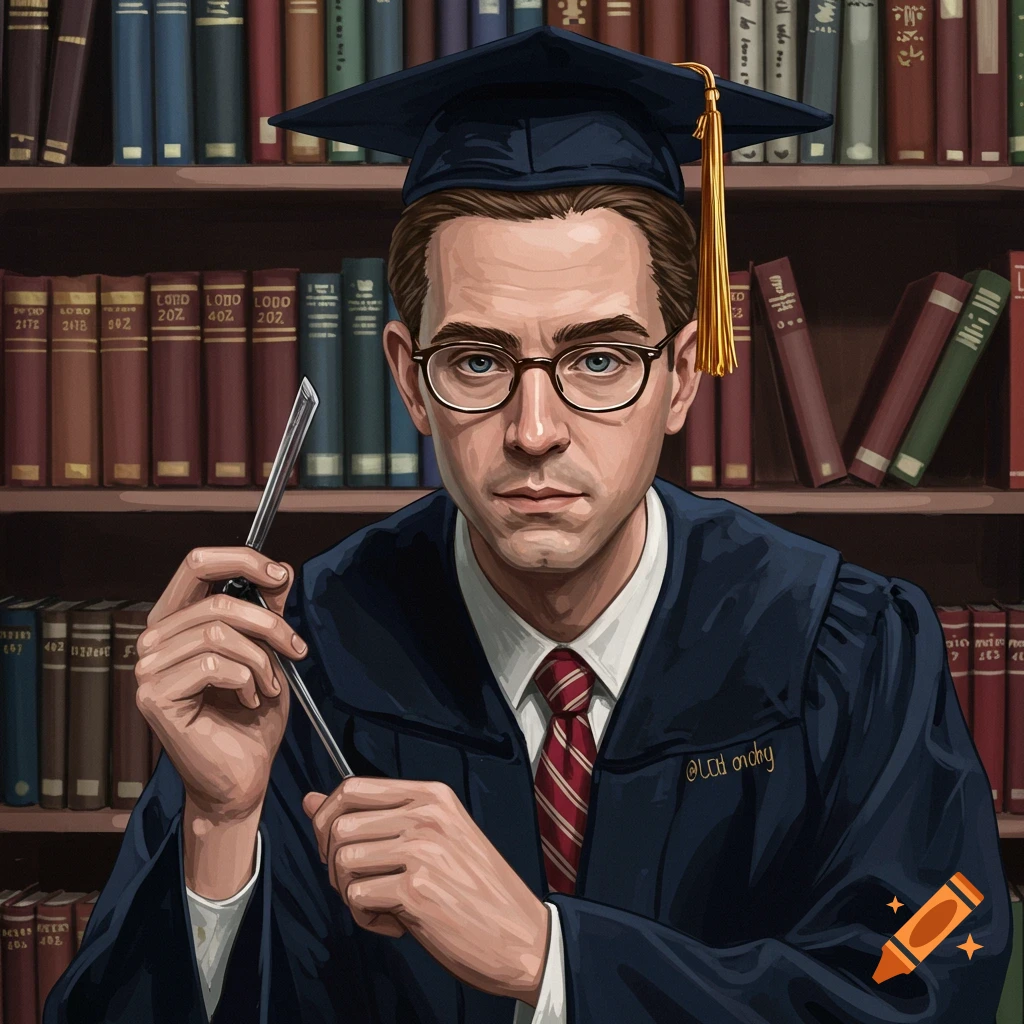 A man in graduation robes and glasses stands in front of bookshelves, holding a pen.