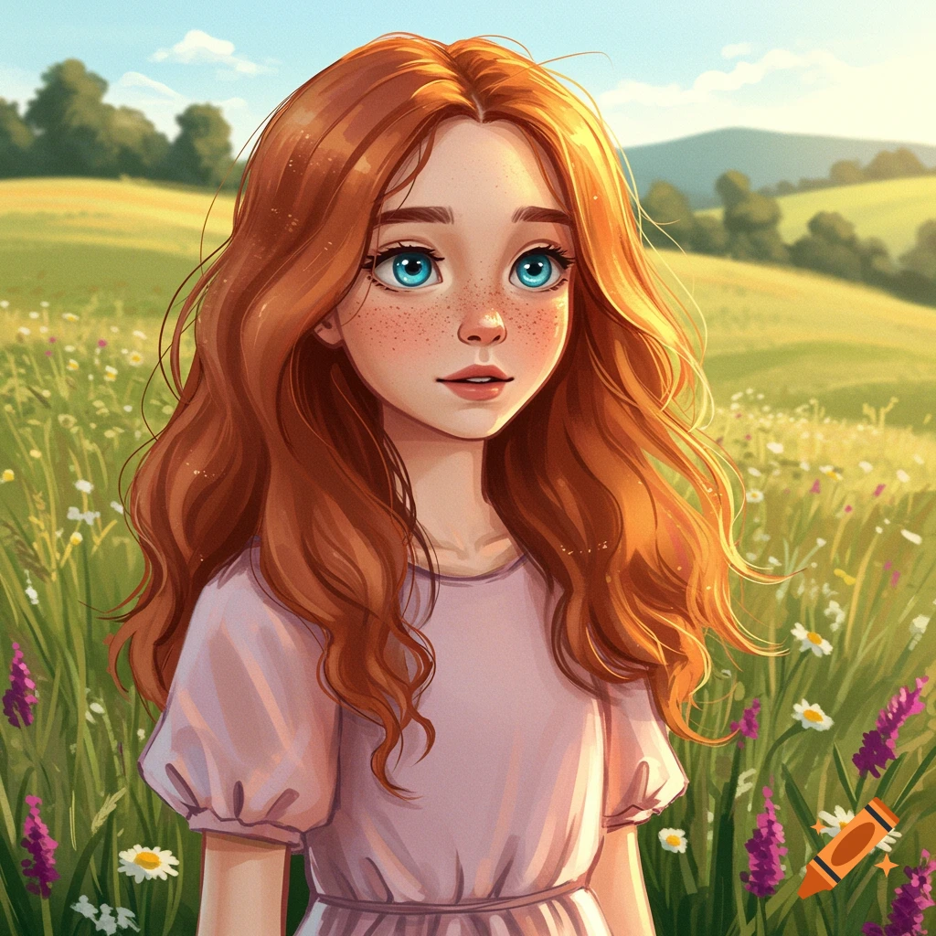 A young girl with red hair and blue eyes stands in a field of wildflowers.