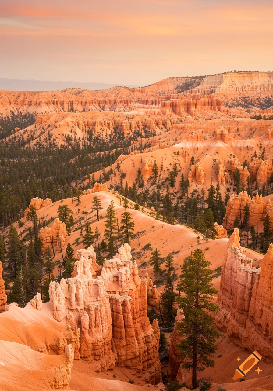 Sunrise light illuminates a landscape of orange hoodoos and cliffs dotted with green pine trees.