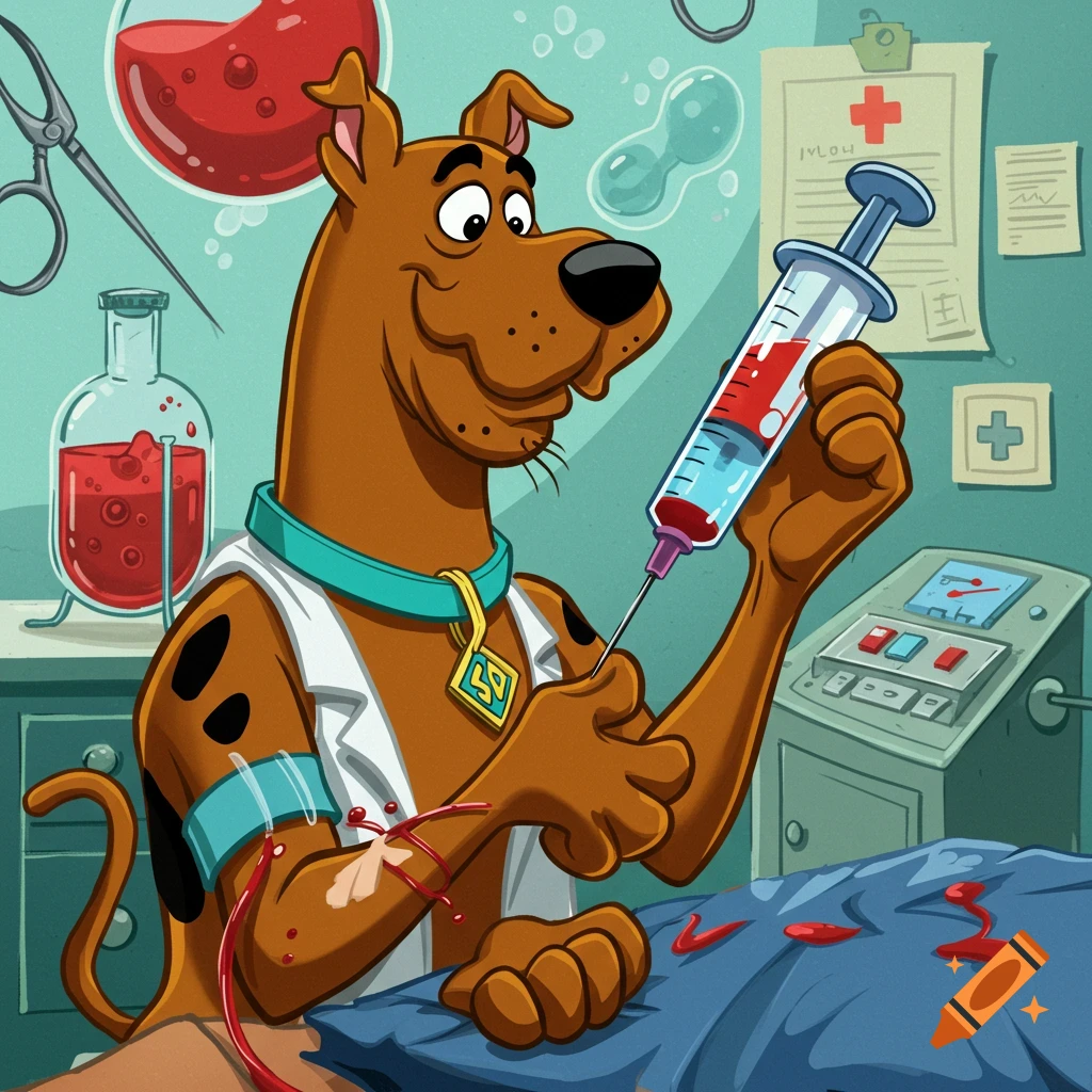 Scooby-Doo performs phlebotomy in a laboratory, drawing blood with a syringe in a cartoon style.