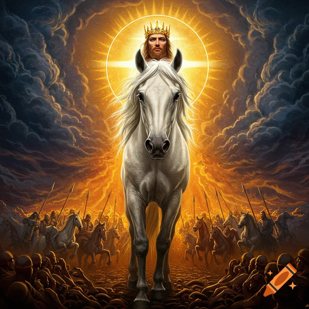 A figure resembling Jesus on a white horse leads an army through dramatic clouds and light.