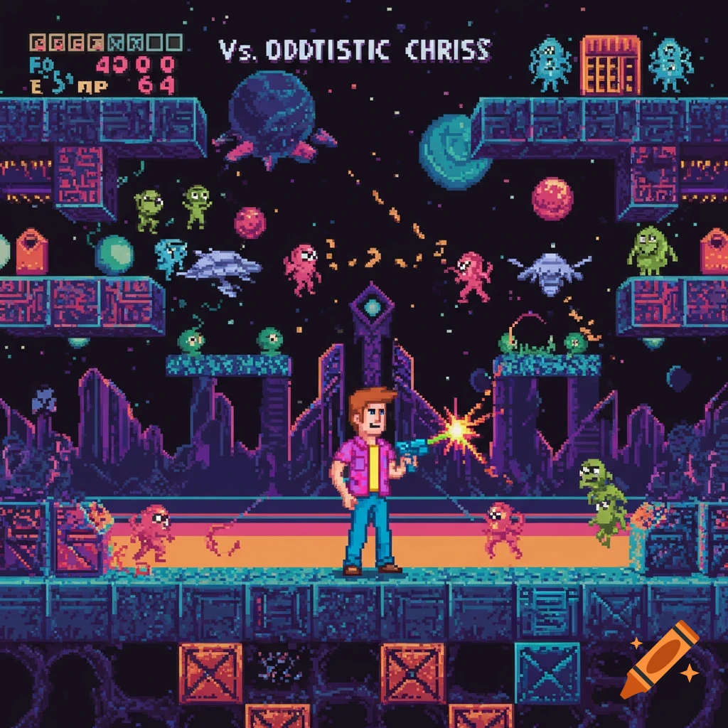 Pixel art arcade game scene with a character shooting alien monsters on platforms in space.