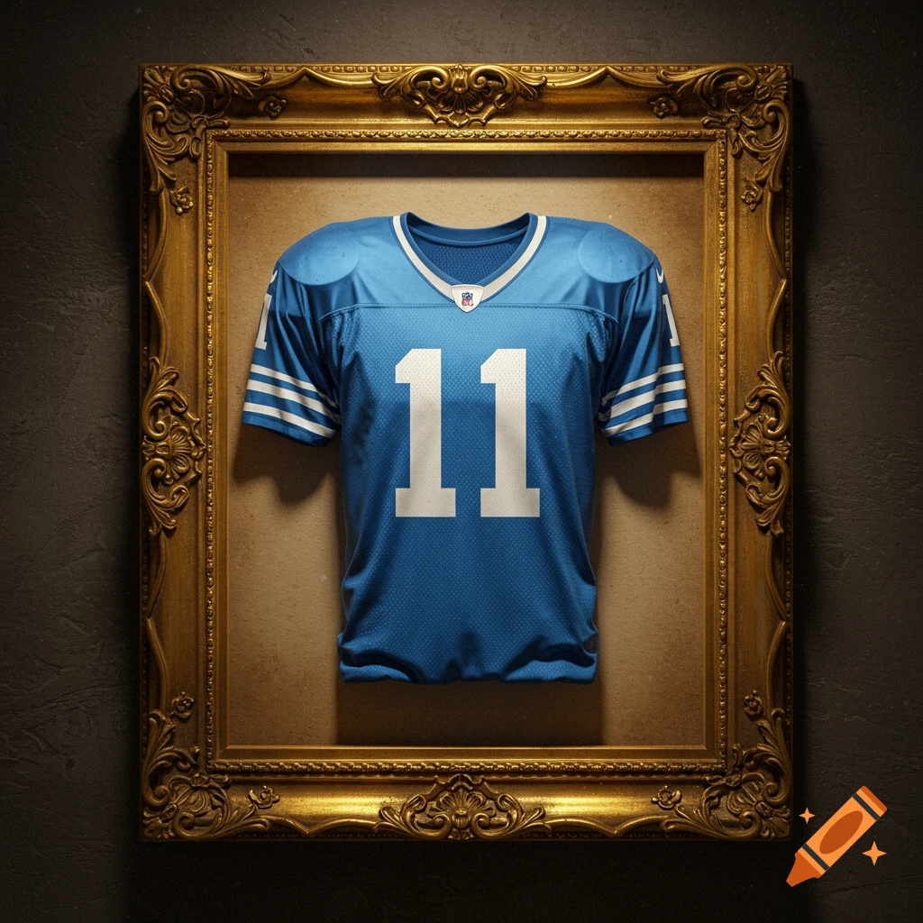 American football jersey with number 11 framed on a wall