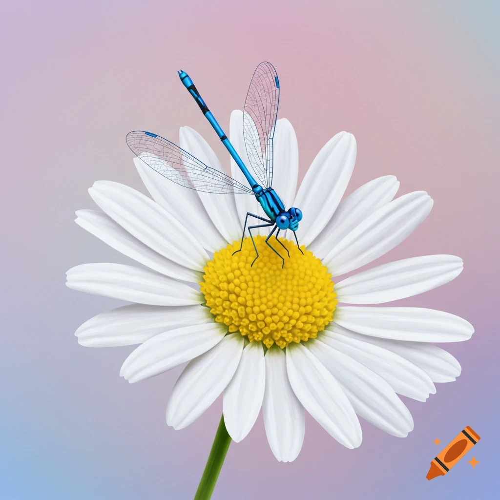 A blue dragonfly with transparent wings sits on the center of a large white daisy against a soft gradient background.