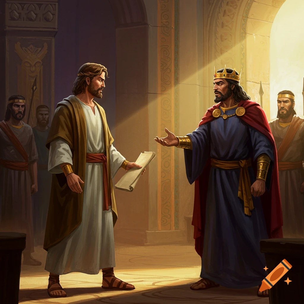 A robed prophet confronting a crowned king in a palace hall, with guards watching.