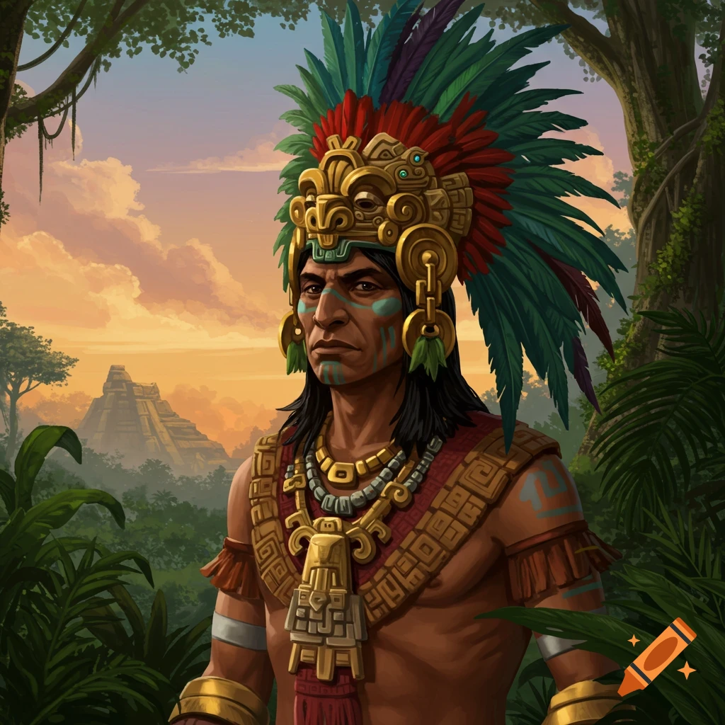 A man in traditional Mayan headdress and attire stands with pyramids in the background.