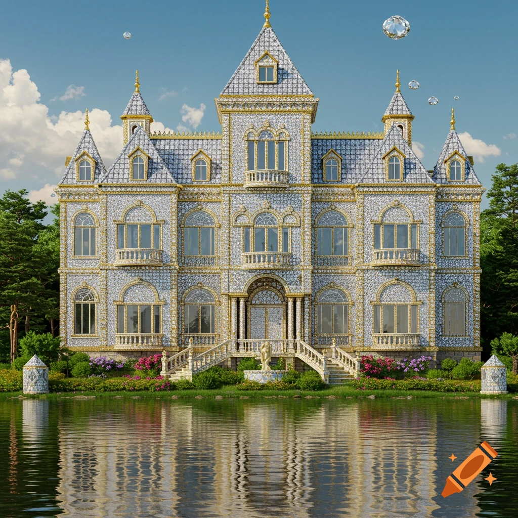 A luxurious mansion made of diamonds and gold sits by a lake under a blue sky.