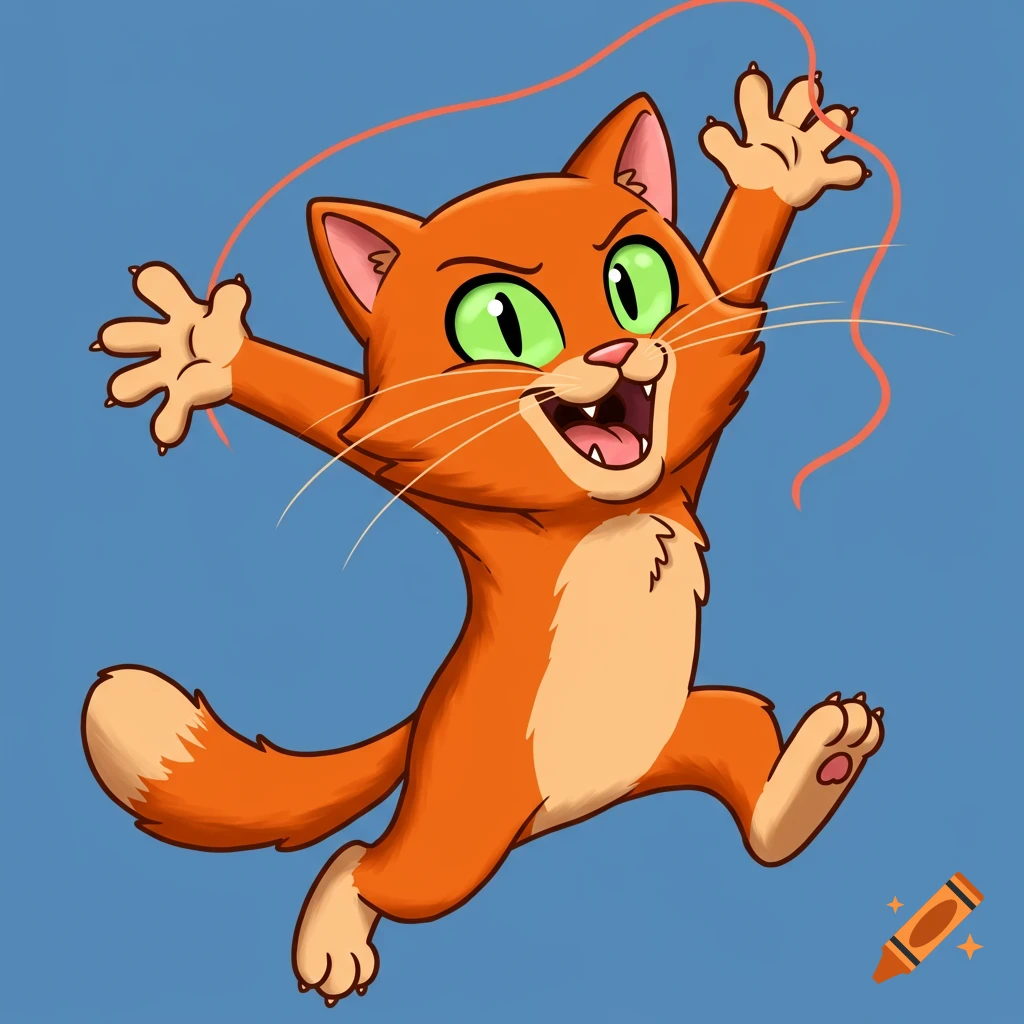 Cartoon orange cat with green eyes jumping