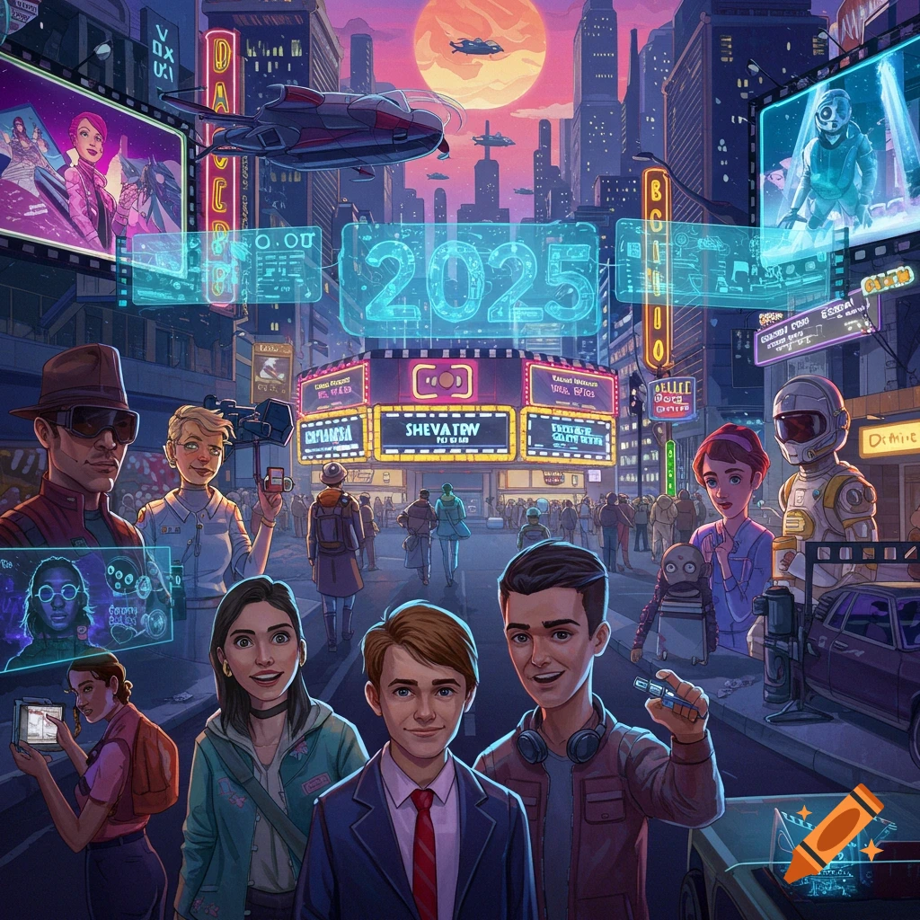 People are walking on a futuristic city street at sunset. Flying cars are in the air and neon signs display "2025".