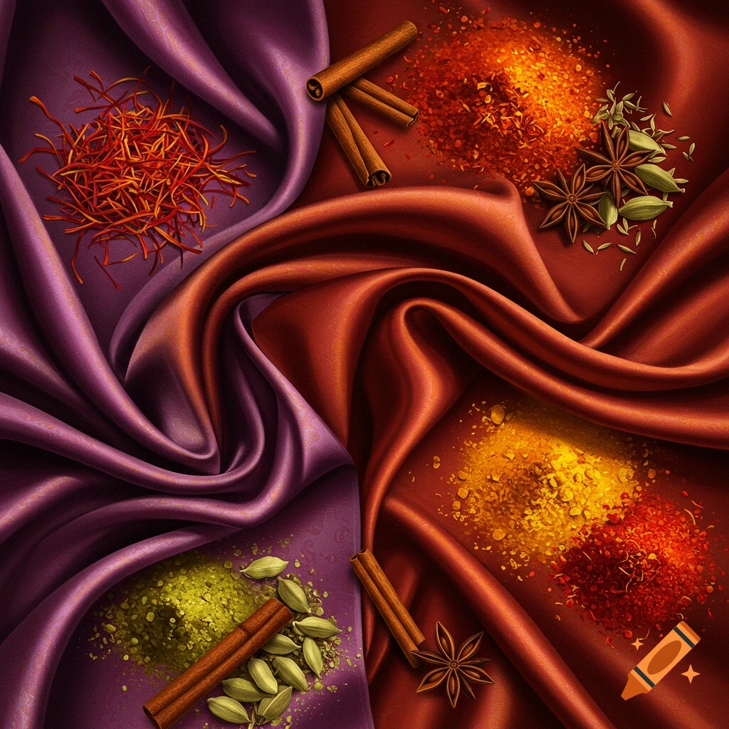 Colorful spices including saffron, cardamom, and cinnamon sticks on vibrant purple and orange silk fabric.