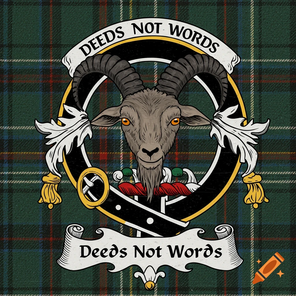 Scottish crest featuring a goat head, tartan background, and the motto 'Deeds Not Words'.