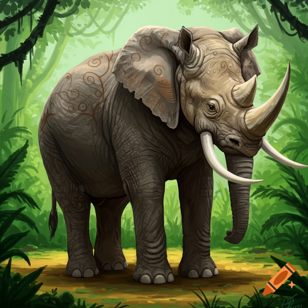 An elephant-rhinoceros hybrid standing in a lush jungle.