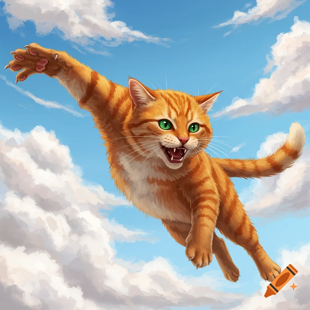 An angry orange cat flying through a blue sky with clouds.