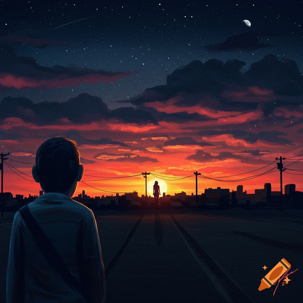 A boy watches a girl walk towards a vibrant sunset over a city silhouette under a starry sky.
