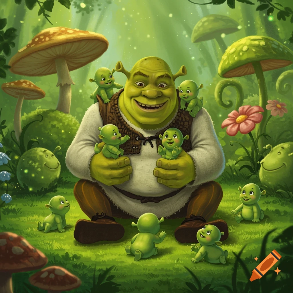 Shrek sits in a forest clearing surrounded by ogre babies in a vibrant cartoon painting.