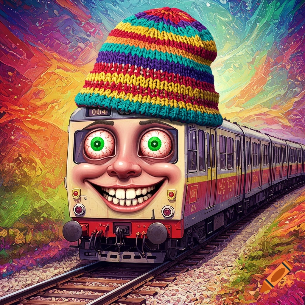 Cartoon train face with red eyes, grinning, wearing a striped beanie, surreal colorful background.