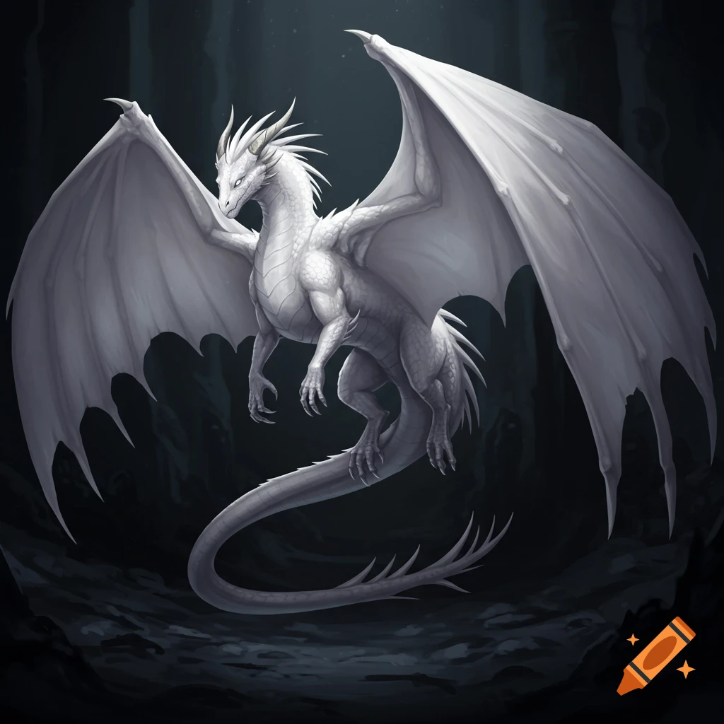 A white dragon with large wings spread, hovering in a dark cavern.