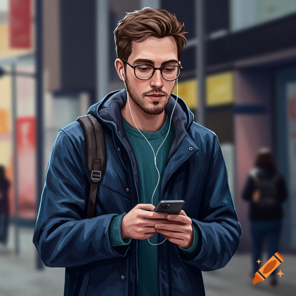 A man with glasses and earphones looking at his phone while walking in a city.