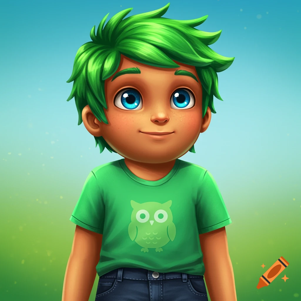 Cartoon of Duolingo personified with green hair, blue eyes, green shirt with owl logo, and jeans, smiling against a blue and green background.