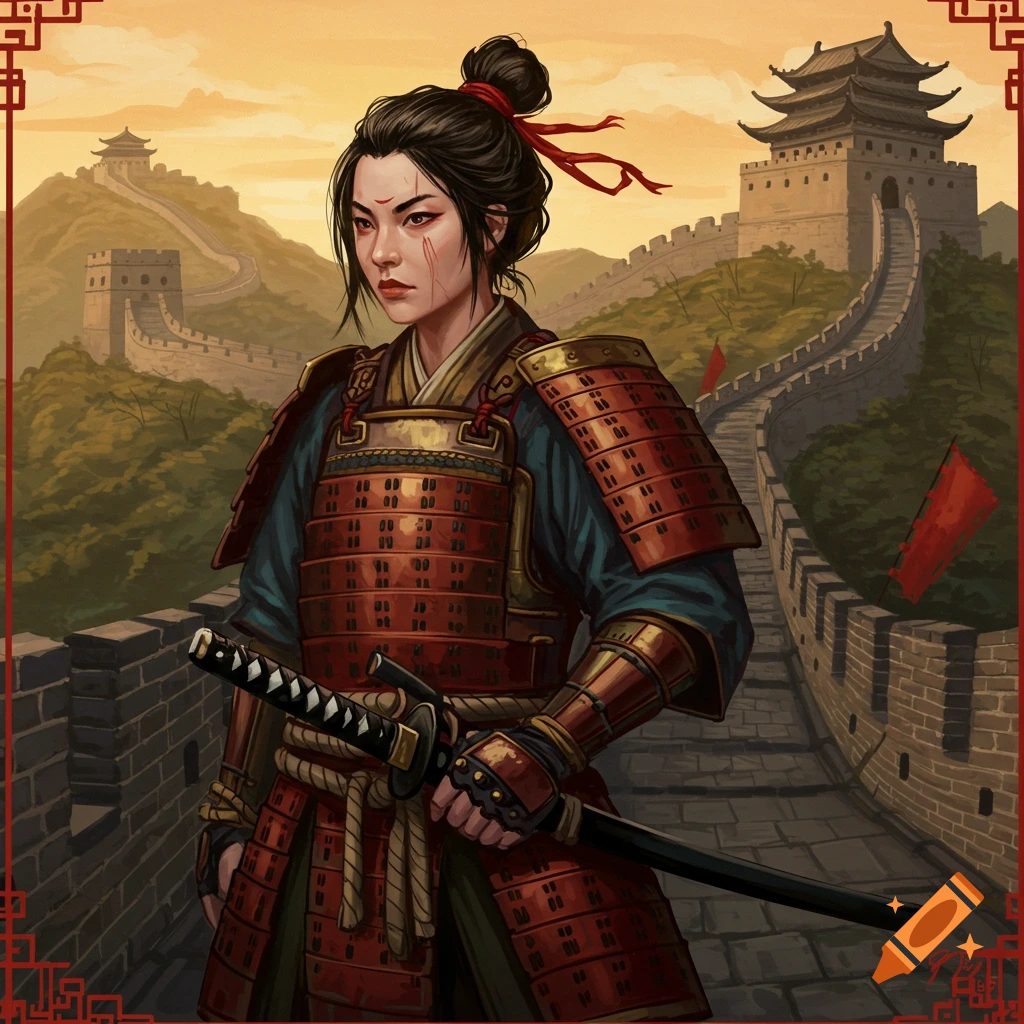 A samurai woman holding a sword on the Great Wall of China at sunset.
