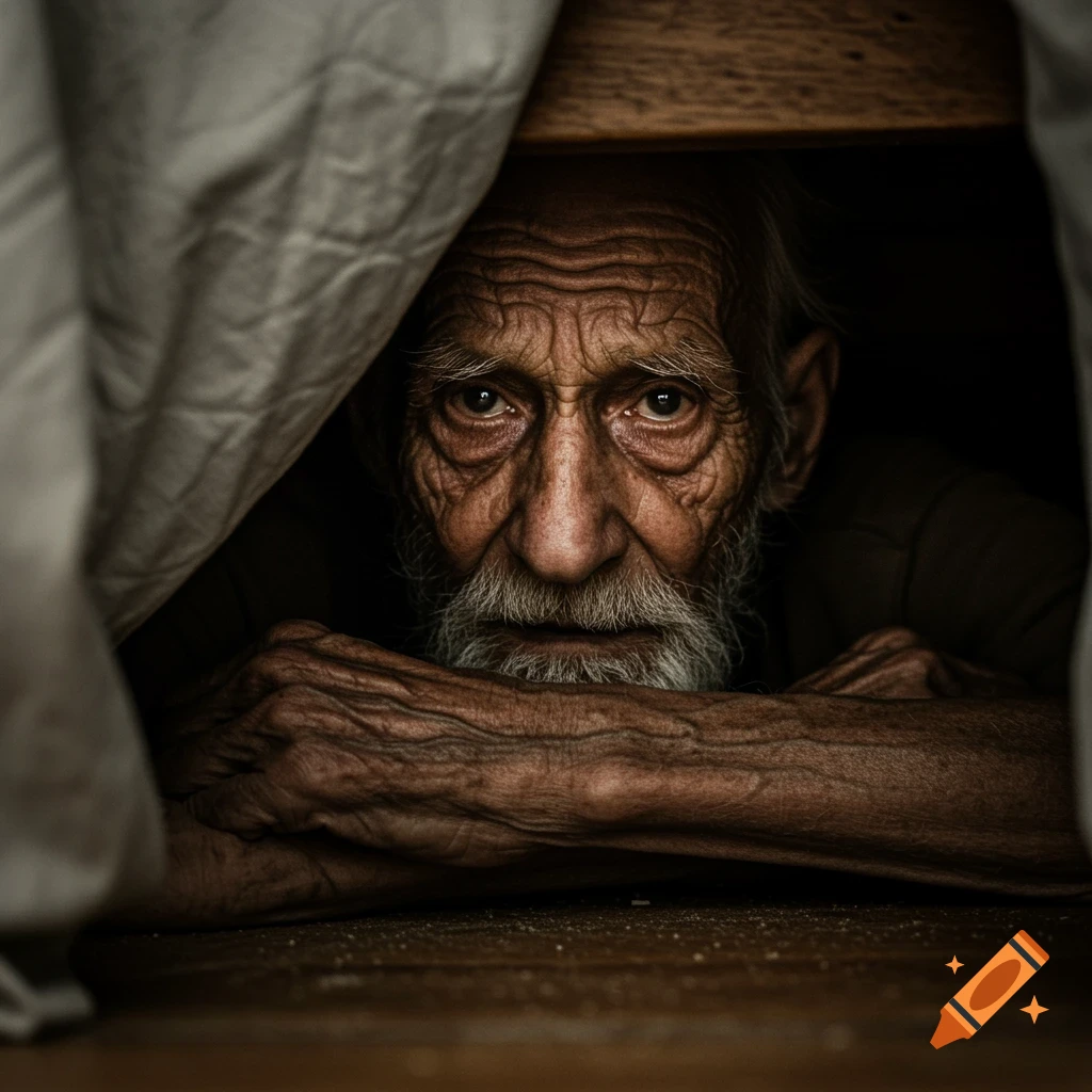 Close-up photorealistic portrait of a very old man hiding under a bed, lit by harsh light.