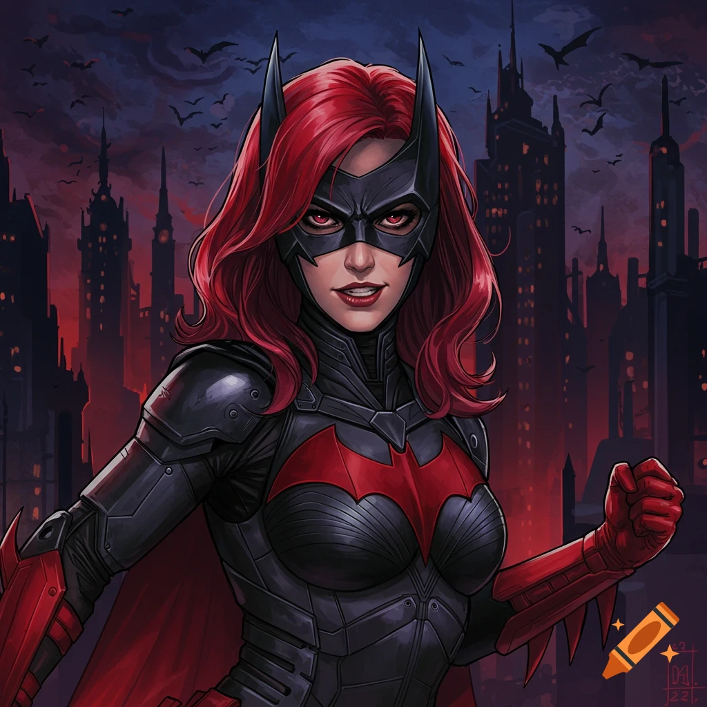 Close-up of Batwoman in her suit with red hair and mask, city skyline and bats in background, comic art style.