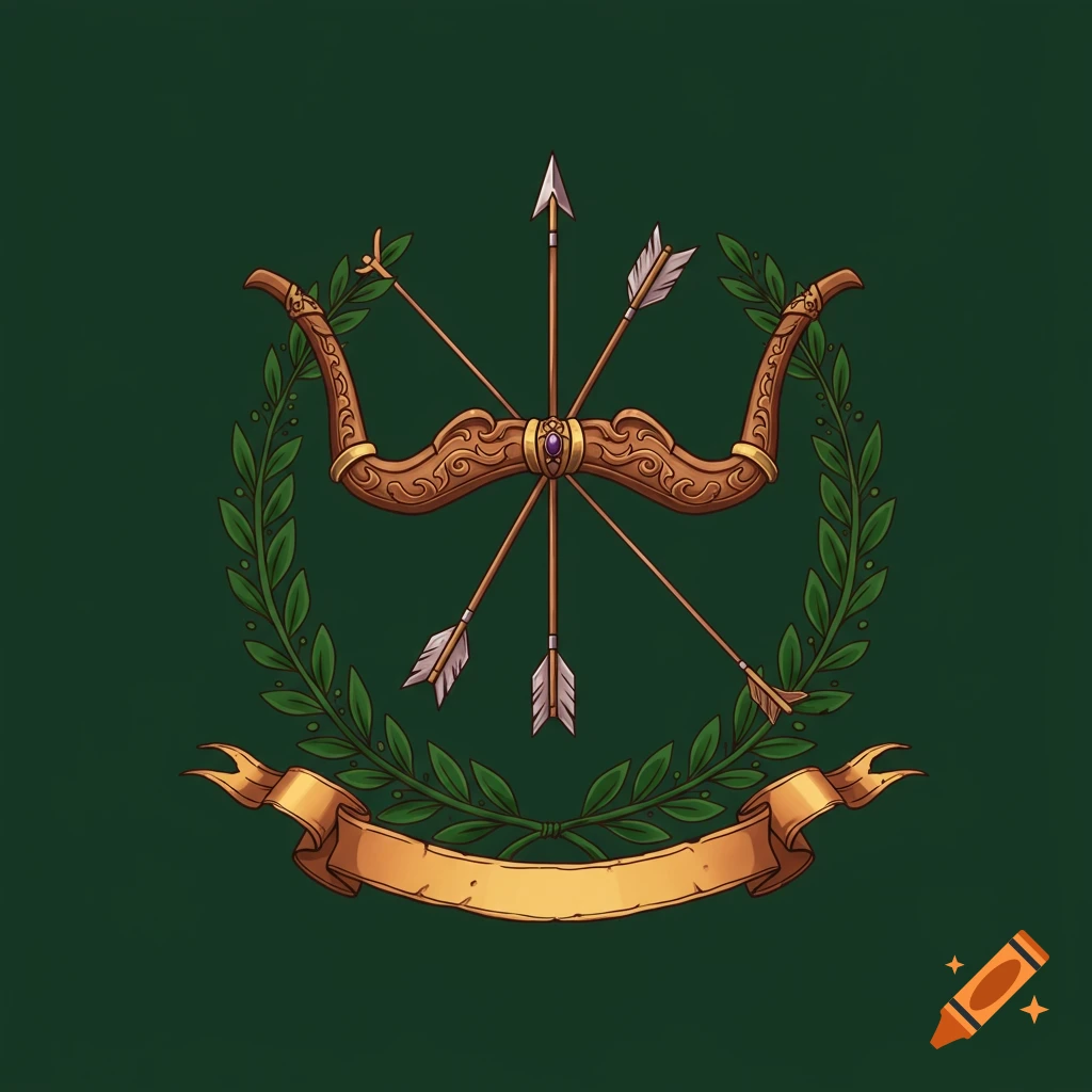 Fantasy military crest with bow, arrows, laurel wreath, and banner on green background.